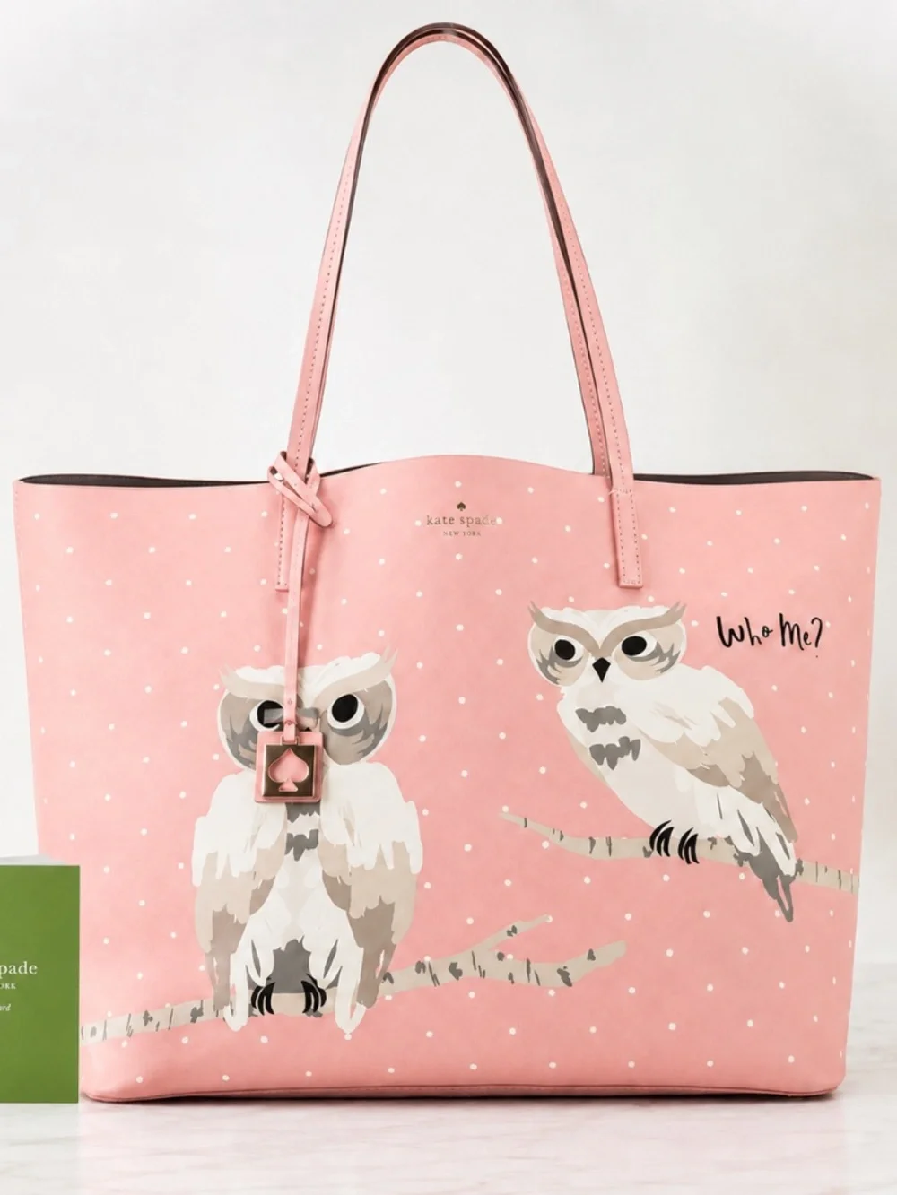 Retired Kate Spade New York “Who Me?” owl tote with Care Card.